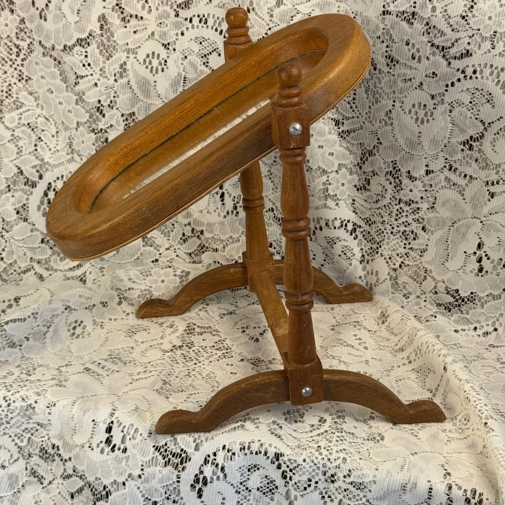 Vintage Wood Swivel Vanity Mirror Oval Tabletop Cheval Spindle Frame Farmhouse